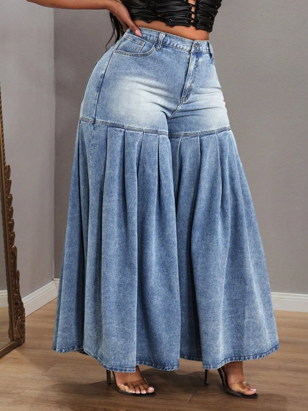 Coffee Brown Casual Women's Plus Size Pleated Wide Leg Denim Maxi Skirt - Picture 4 of 7